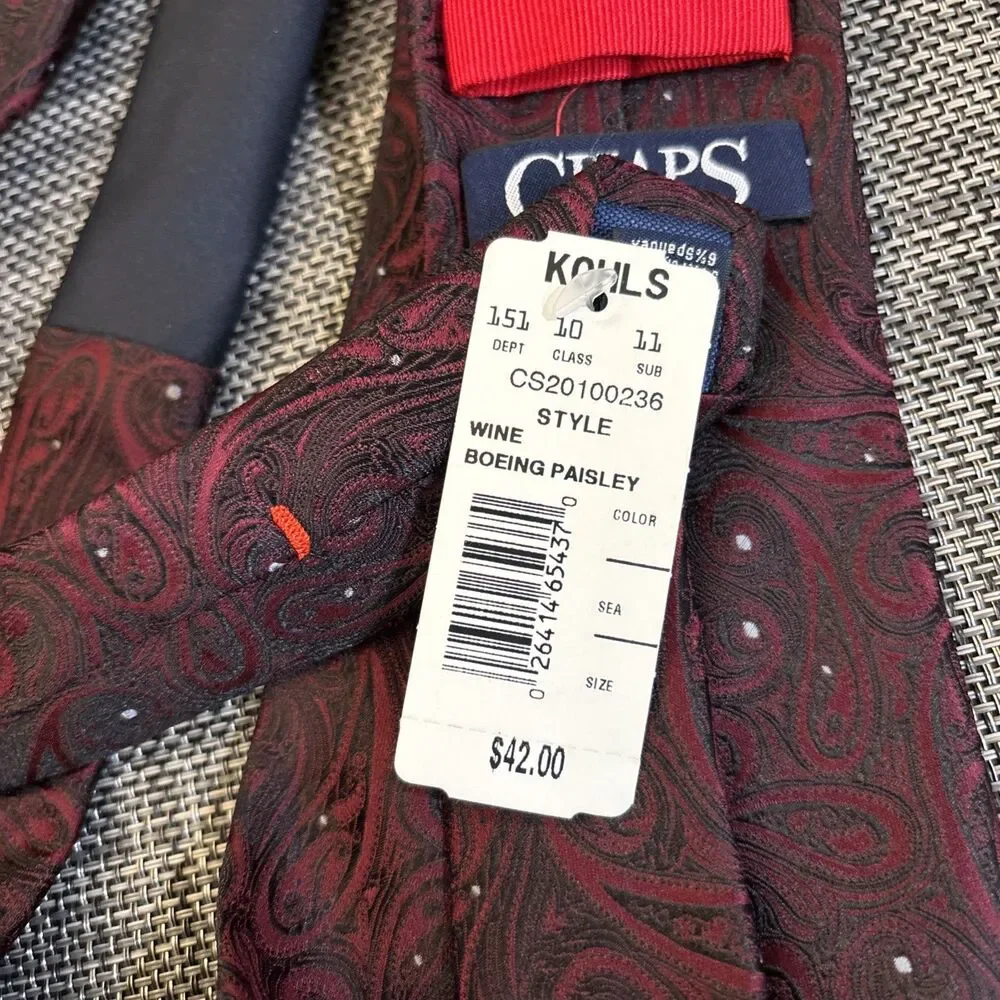 NWT Chaps Mens Narrow Width Silk Neck Tie Designer Black Red Paisley Pattern 58